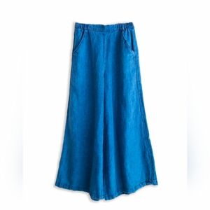 CP Shades Indigo Blue 100% Linen Palazzo Wide Pants With Pockets
